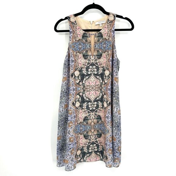 LAVENDER BROWN Sonna 100% Silk Key Hole Purple Pink Paisley Print Dress Small - Picture 1 of 5